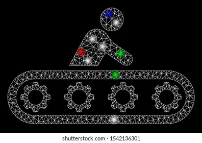 Bright mesh passenger conveyor with lightspot effect. White wire frame polygonal mesh in vector format on a black background. Abstract 2d mesh designed with polygonal grid, dots, colorful glare spots.
