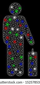 Bright mesh passenger with glare effect. White wire frame polygonal mesh in vector format on a black background. Abstract 2d mesh created from polygonal grid, spheric points, colorful flash spots.