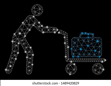 Bright mesh passenger trolley with glare effect. Abstract illuminated model of passenger trolley icon. Shiny wire carcass triangular mesh passenger trolley. Vector abstraction on a black background.