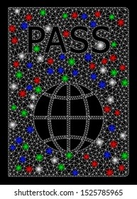 Bright mesh passport with glow effect. White wire frame polygonal mesh in vector format on a black background. Abstract 2d mesh designed with triangular lines, spheric points, colorful light spots.