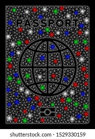Bright mesh passport with glow effect. White wire frame triangular mesh in vector format on a black background. Abstract 2d mesh designed with triangular lines, small circle, colorful glare spots.