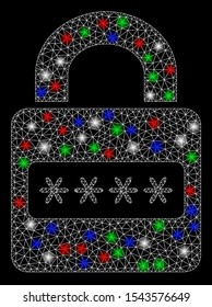 Bright mesh password lock with glow effect. White wire frame triangular network in vector format on a black background. Abstract 2d mesh designed with triangular lines, dots, colorful flash spots.