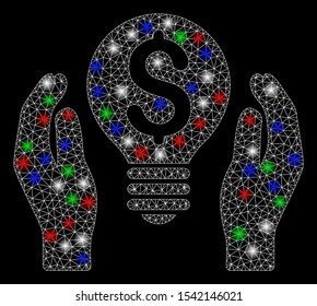 Bright mesh patent care with glare effect. White wire carcass polygonal mesh in vector format on a black background. Abstract 2d mesh designed with polygonal grid, small circle, colorful glare spots.