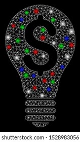 Bright mesh patent with lightspot effect. White wire frame triangular mesh in vector format on a black background. Abstract 2d mesh designed with triangular lines, points, colorful flare spots.