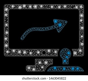 Bright mesh path control monitor with glitter effect. Abstract illuminated model of path control monitor icon. Shiny wire frame triangular mesh path control monitor.