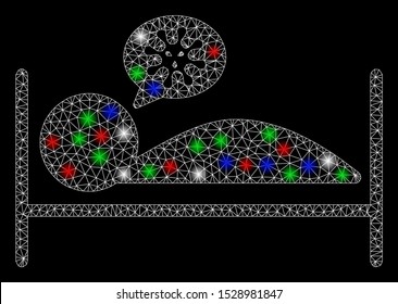 Bright mesh patient bed with glow effect. White wire frame triangular mesh in vector format on a black background. Abstract 2d mesh built from triangular lines, small circle, colored flash spots.