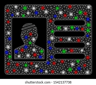 Bright mesh patient card with glare effect. White wire carcass polygonal network in vector format on a black background. Abstract 2d mesh designed with polygonal grid, round dots,