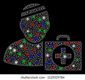 Bright mesh patient first aid case with lightspot effect. White wire frame triangular network in vector format on a black background. Abstract 2d mesh designed with triangular lines, small circle,