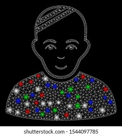 Bright mesh patient with glare effect. White wire frame polygonal network in vector format on a black background. Abstract 2d mesh created from polygonal grid, dots, colored glare spots.