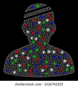 Bright mesh patient with glow effect. White wire frame triangular mesh in vector format on a black background. Abstract 2d mesh designed with triangular lines, points, colorful glare spots.