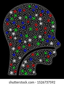 Bright mesh patient with lightspot effect. White wire carcass polygonal mesh in vector format on a black background. Abstract 2d mesh designed with polygonal grid, small circle, colorful glare spots.