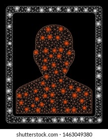 Bright mesh patient portrait with glitter effect. Abstract illuminated model of patient portrait icon. Shiny wire carcass triangular mesh patient portrait. Vector abstraction on a black background.