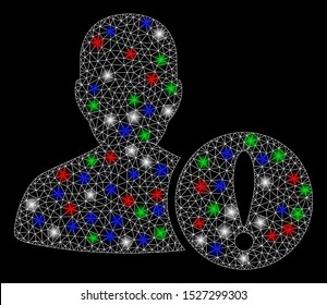 Bright mesh patient problem with lightspot effect. White wire frame triangular mesh in vector format on a black background. Abstract 2d mesh built from triangular lines, dots, colored glare spots.