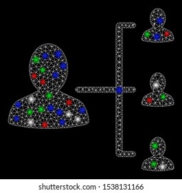 Bright mesh patient relations with glow effect. White wire carcass polygonal mesh in vector format on a black background. Abstract 2d mesh designed with polygonal grid, spheric points,