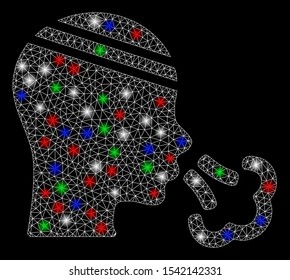 Bright mesh patient sneeze with glare effect. White wire carcass triangular mesh in vector format on a black background. Abstract 2d mesh designed with polygonal grid, spheric points,
