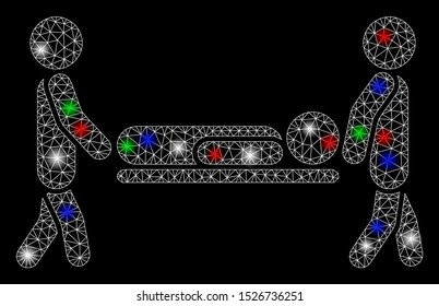 Bright mesh patient stretcher with lightspot effect. White wire frame triangular mesh in vector format on a black background. Abstract 2d mesh designed with triangles, dots, colored light spots.