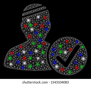 Bright mesh patient valid with glare effect. White wire carcass triangular mesh in vector format on a black background. Abstract 2d mesh designed with triangular lines, points, colorful glare spots.
