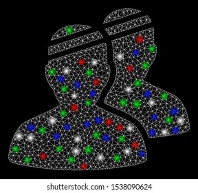 Bright mesh patients with glow effect. White wire frame triangular mesh in vector format on a black background. Abstract 2d mesh designed with triangular lines, spheric points, colored flare spots.