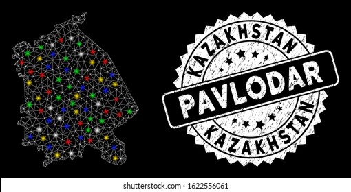 Bright mesh Pavlodar Region map with glare effect, and stamp. Wire frame triangular Pavlodar Region map network in vector format on a black background. White round rubber stamp with grunged surface.