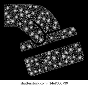 Bright mesh pay card with sparkle effect. Abstract illuminated model of pay card icon. Shiny wire frame polygonal mesh pay card. Vector abstraction on a black background.