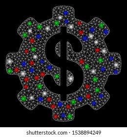 Bright mesh payment options gear with glare effect. White wire carcass triangular network in vector format on a black background. Abstract 2d mesh designed with triangular lines, points,