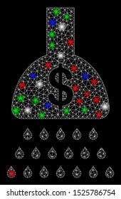 Bright mesh payment shower with glare effect. White wire carcass triangular network in vector format on a black background. Abstract 2d mesh designed with triangles, round dots, colorful glare spots.