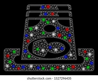 Bright mesh payment terminal with glare effect. White wire carcass triangular mesh in vector format on a black background. Abstract 2d mesh designed with triangular lines, small circle,