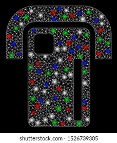 Bright mesh payment terminal with lightspot effect. White wire carcass polygonal mesh in vector format on a black background. Abstract 2d mesh designed with polygonal grid, spheric points,