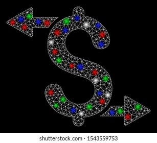Bright mesh payouts with glare effect. White wire frame polygonal mesh in vector format on a black background. Abstract 2d mesh designed with triangular lines, round dots, colored light spots.
