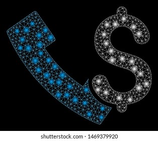 Bright mesh payphone with glare effect. Abstract illuminated model of payphone icon. Shiny wire carcass triangular mesh payphone. Vector abstraction on a black background.