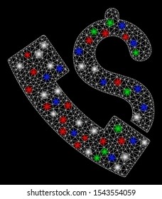 Bright mesh payphone with glow effect. White wire carcass triangular mesh in vector format on a black background. Abstract 2d mesh designed with triangular lines, points, colorful glare spots.