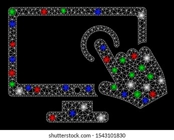 Bright mesh PC screen tap with lightspot effect. White wire frame triangular mesh in vector format on a black background. Abstract 2d mesh built from triangular lines, dots, colored flare spots.