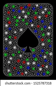 Bright mesh peaks playing card with glow effect. White wire frame triangular mesh in vector format on a black background. Abstract 2d mesh designed with triangular lines, dots, colorful light spots.