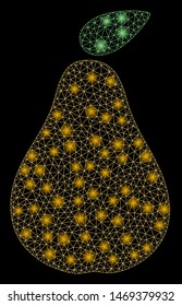 Bright mesh pear with glare effect. Abstract illuminated model of pear icon. Shiny wire frame triangular mesh pear. Vector abstraction on a black background.