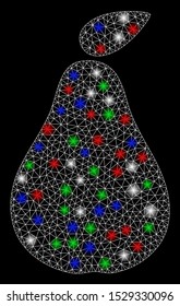 Bright mesh pear with glow effect. White wire carcass triangular mesh in vector format on a black background. Abstract 2d mesh created from triangular lines, small circle, colored light spots.