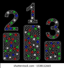 Bright mesh pedestal with glare effect. White wire carcass polygonal mesh in vector format on a black background. Abstract 2d mesh designed with triangular lines, points, colorful flash spots.