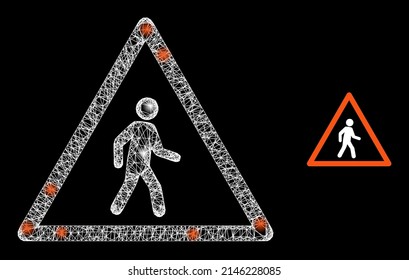 Bright mesh pedestrian man warning with light spots. Linear frame 2D mesh generated from intersected white lines and pedestrian man warning icon.