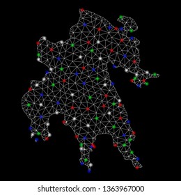 Bright mesh Peloponnese Peninsula map with glare effect. Wire carcass triangular network in vector format on a black background. Abstract 2d mesh created from triangular lines, small circle,