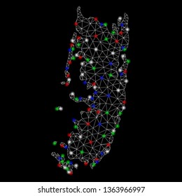 Bright mesh Pemba island map with glow effect. Wire frame polygonal mesh in vector format on a black background. Abstract 2d mesh built from polygonal grid, dots, colored light spots.