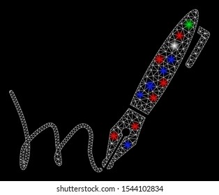 Bright mesh pen signature with glare effect. White wire carcass triangular mesh in vector format on a black background. Abstract 2d mesh designed with triangular lines, round dots,