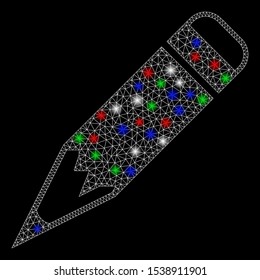 Bright mesh pencil with glow effect. White wire carcass triangular mesh in vector format on a black background. Abstract 2d mesh designed with triangles, points, colored flash spots.