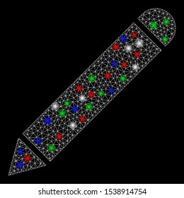 Bright mesh pencil with glow effect. White wire carcass triangular mesh in vector format on a black background. Abstract 2d mesh designed with triangular lines, small circle, colored glare spots.