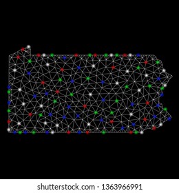 Bright mesh Pennsylvania State map with glare effect. Wire frame polygonal mesh in vector format on a black background. Abstract 2d mesh designed with triangles, round dots, colorful flare spots.