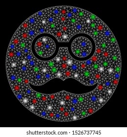 Bright mesh pension smiley with glare effect. White wire carcass polygonal mesh in vector format on a black background. Abstract 2d mesh designed with polygonal grid, dots, colorful glare spots.