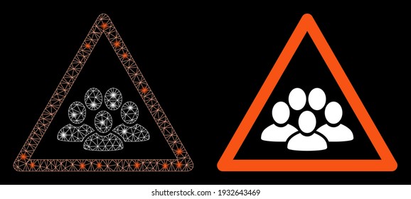 Bright mesh people crowd warning with glare effect. Abstract illuminated model based on people crowd warning icon. Shiny wire carcass triangular mesh people crowd warning.