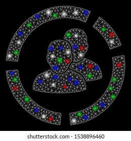 Bright mesh people diagram with lightspot effect. White wire frame polygonal mesh in vector format on a black background. Abstract 2d mesh designed with polygonal grid, spheric points,