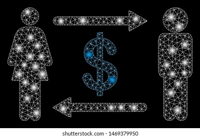 Bright mesh people exchange dollar with glow effect. Abstract illuminated model of people exchange dollar icon. Shiny wire carcass polygonal mesh people exchange dollar.