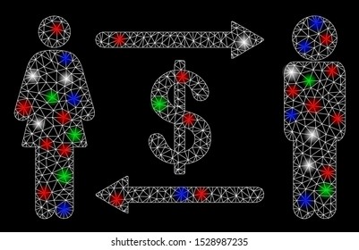 Bright mesh people exchange dollar with lightspot effect. White wire frame polygonal mesh in vector format on a black background. Abstract 2d mesh built from polygonal grid, points,