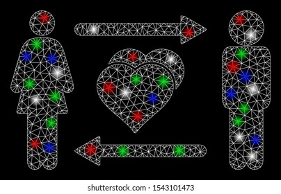 Bright mesh people exchange love with glow effect. White wire carcass polygonal network in vector format on a black background. Abstract 2d mesh designed with polygonal grid, round dots,