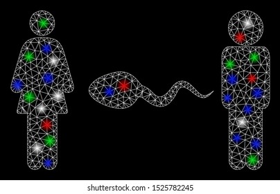 Bright mesh people exchange sperm with glare effect. White wire frame polygonal mesh in vector format on a black background. Abstract 2d mesh designed with triangles, spheric points,